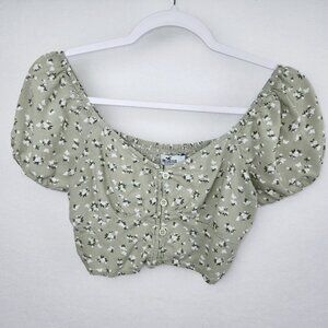 Hollister Womens Floral Crop Top Size S Sage Green Smocked Back Shirt